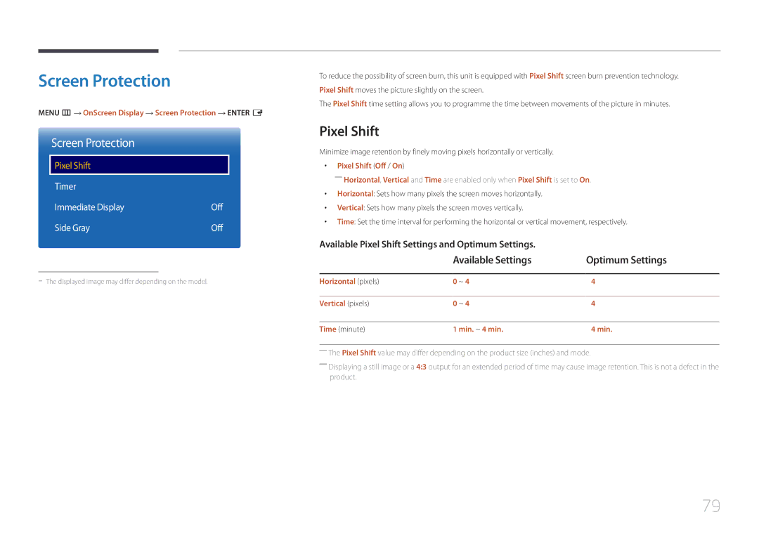 Samsung LH105QMDNC/EN manual Screen Protection, Pixel Shift, Available Settings Optimum Settings 