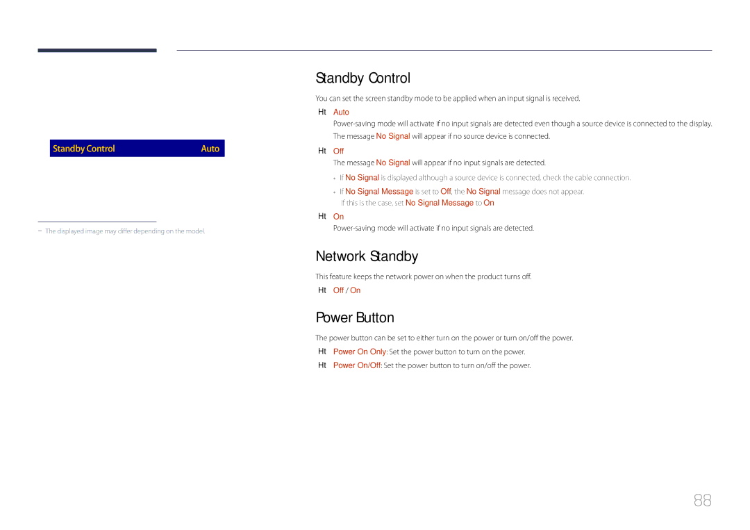 Samsung LH105QMDNC/EN manual Standby Control, Network Standby, Power Button, Auto Power On Off PC Module Power 