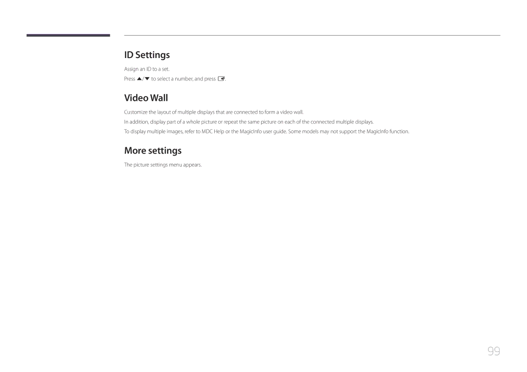 Samsung LH105QMDNC/EN manual ID Settings, More settings 