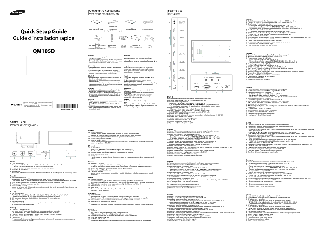 Samsung LH105QMDNC/EN manual Checking the Components Veriﬁcation des composants, Reverse Side Face arrière 