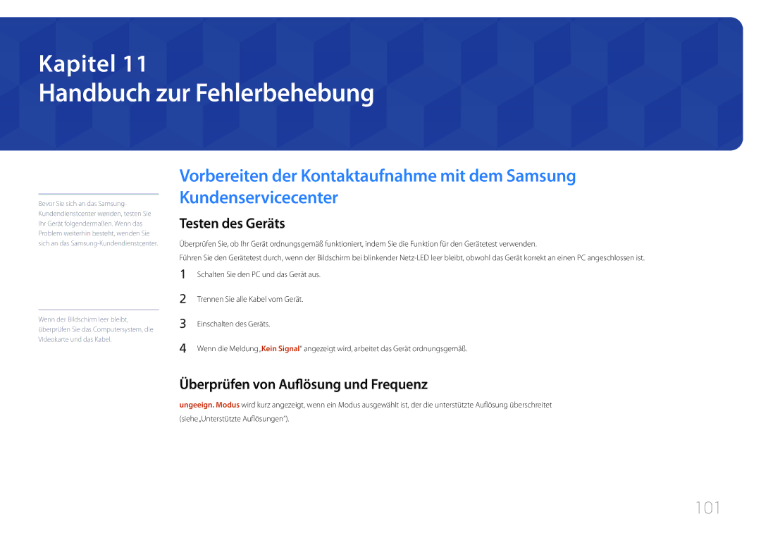 Samsung LH105QMDNC/EN manual Handbuch zur Fehlerbehebung, 101, Testen des Geräts, Überprüfen von Auflösung und Frequenz 