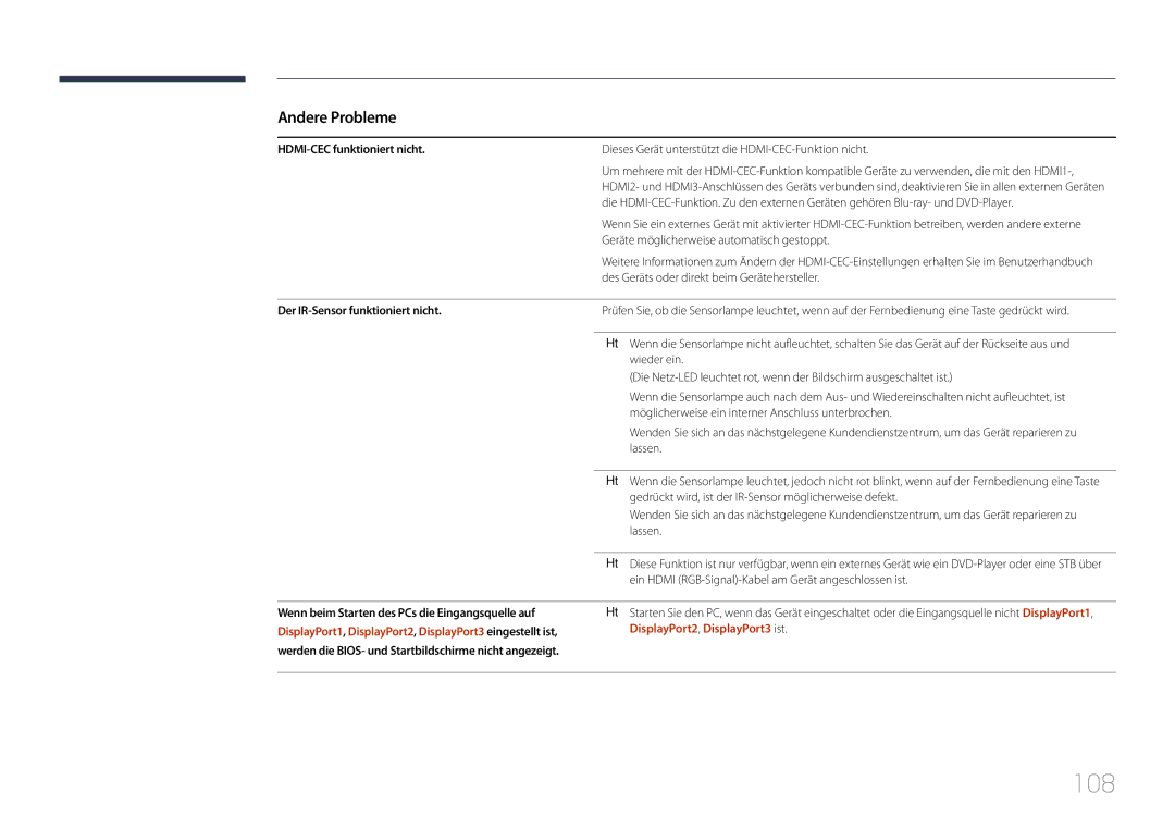 Samsung LH105QMDNC/EN manual 108, HDMI-CEC funktioniert nicht, Dieses Gerät unterstützt die HDMI-CEC-Funktion nicht 