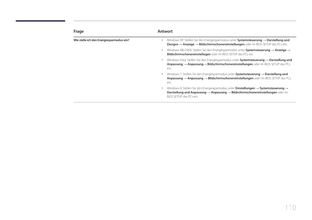 Samsung LH105QMDNC/EN manual 110, Frage, Wie stelle ich den Energiesparmodus ein? 