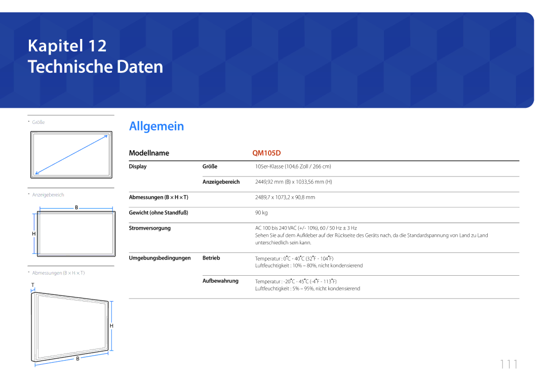 Samsung LH105QMDNC/EN manual Technische Daten, 111 