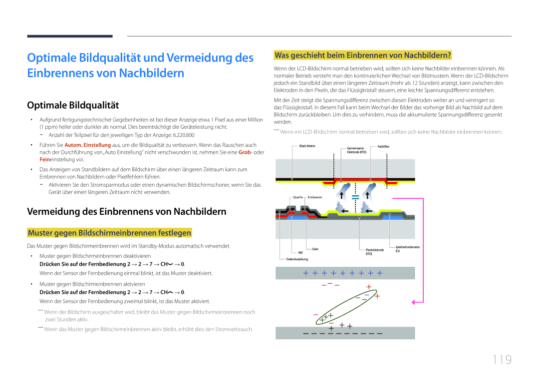 Samsung LH105QMDNC/EN manual 119, Optimale Bildqualität, Vermeidung des Einbrennens von Nachbildern 