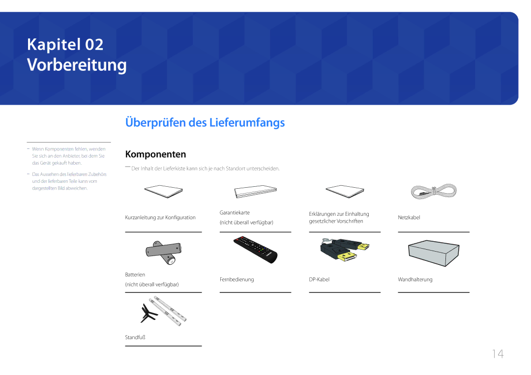 Samsung LH105QMDNC/EN manual Vorbereitung, Überprüfen des Lieferumfangs, Komponenten, Fernbedienung 