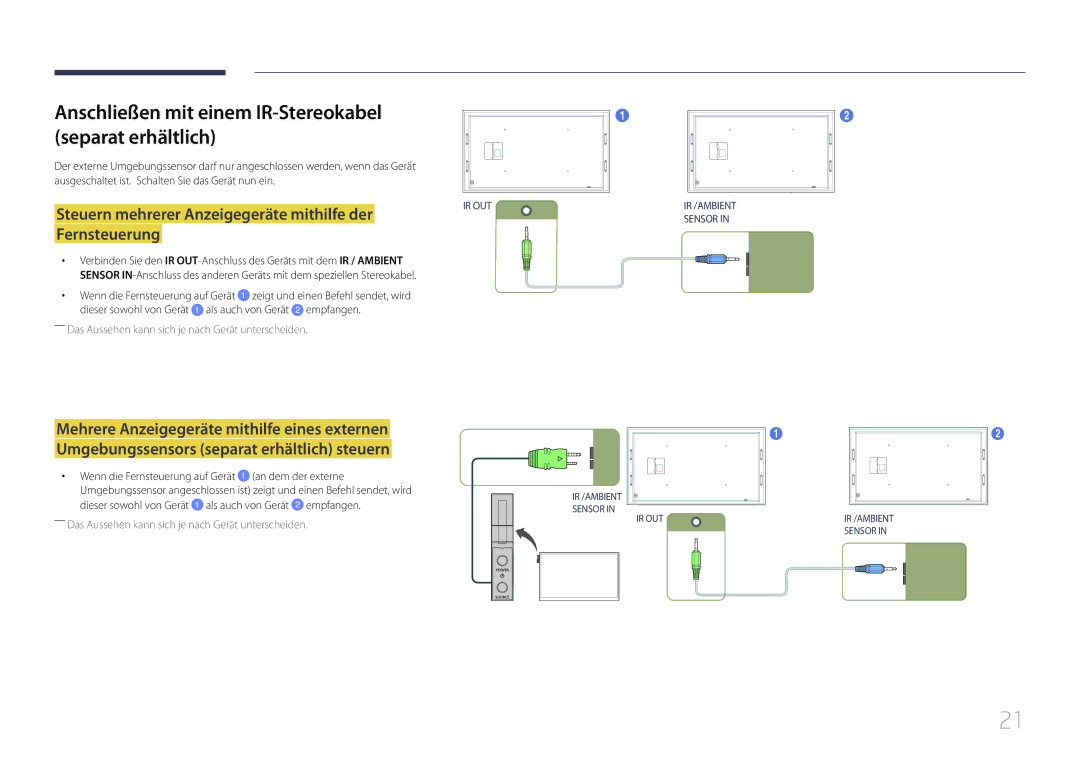 Samsung LH105QMDNC/EN manual Anschließen mit einem IR-Stereokabel separat erhältlich 