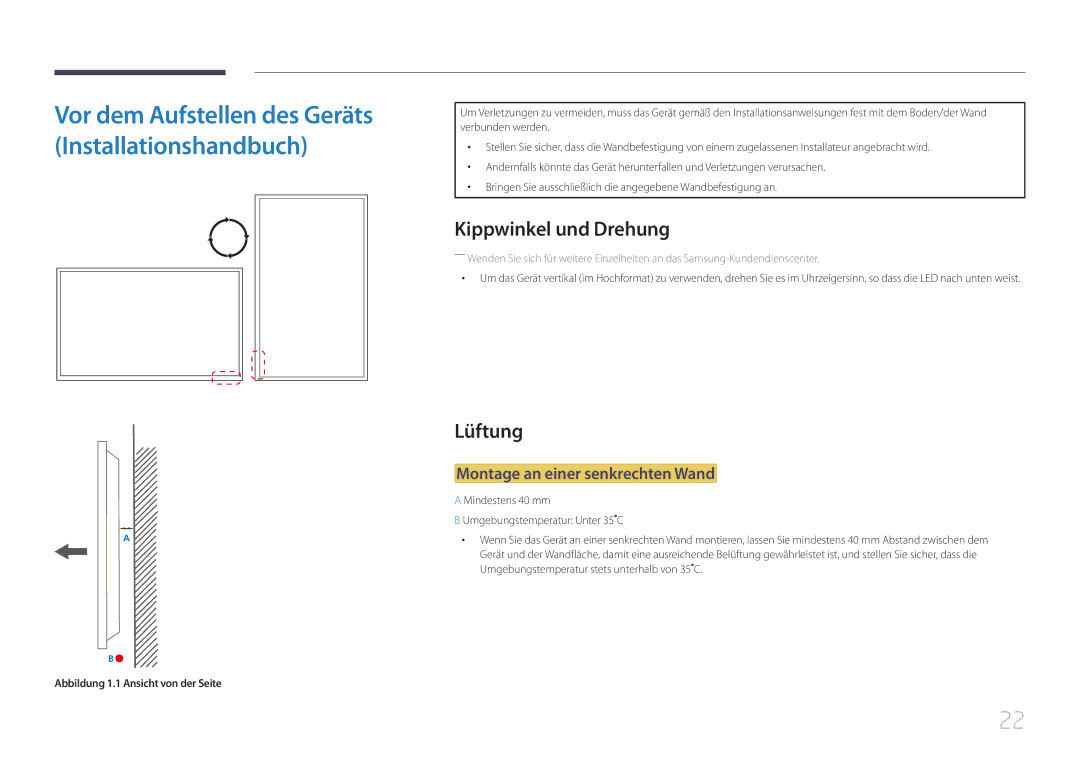 Samsung LH105QMDNC/EN manual Kippwinkel und Drehung, Lüftung, Montage an einer senkrechten Wand 