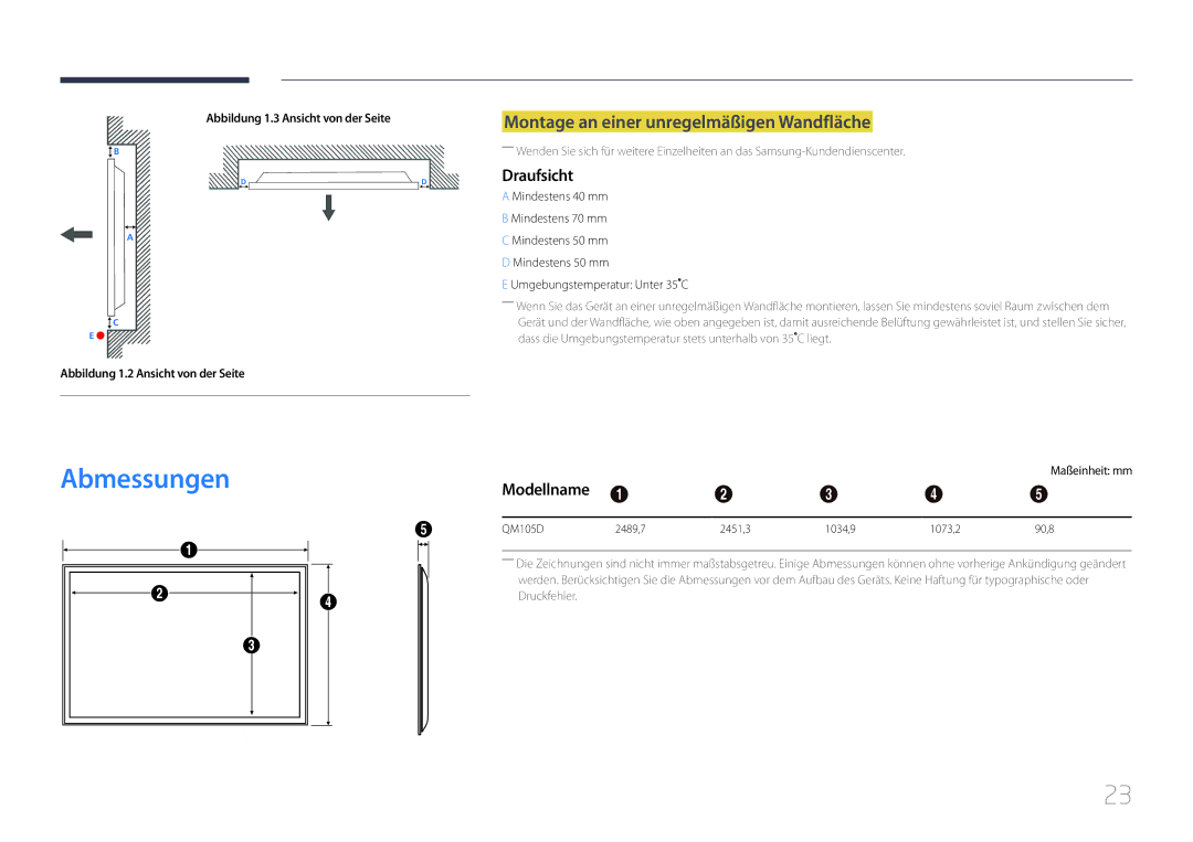 Samsung LH105QMDNC/EN manual Abmessungen, Montage an einer unregelmäßigen Wandfläche, Draufsicht, Modellname 