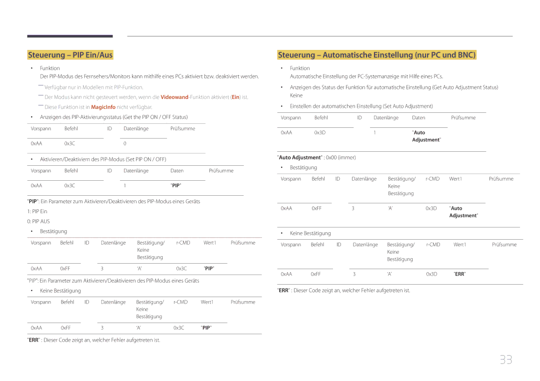 Samsung LH105QMDNC/EN manual Steuerung PIP Ein/Aus, Steuerung Automatische Einstellung nur PC und BNC 