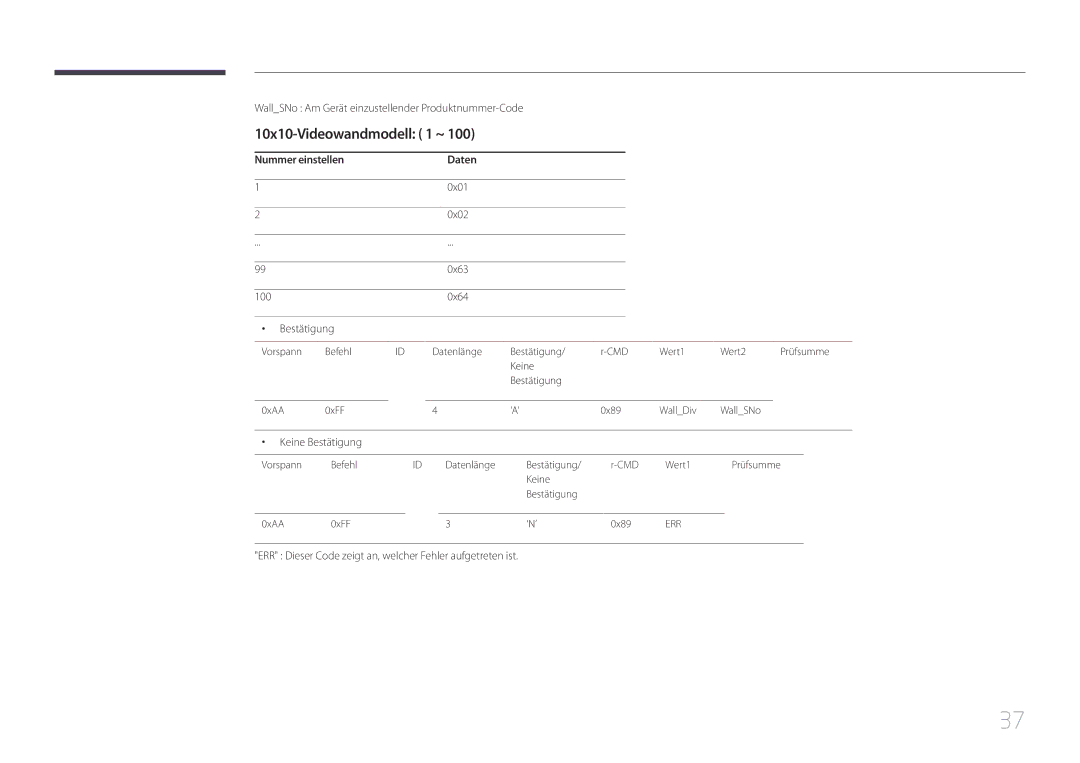 Samsung LH105QMDNC/EN manual 10x10-Videowandmodell 1 ~, WallSNo Am Gerät einzustellender Produktnummer-Code, 0x01 0x02 0x63 