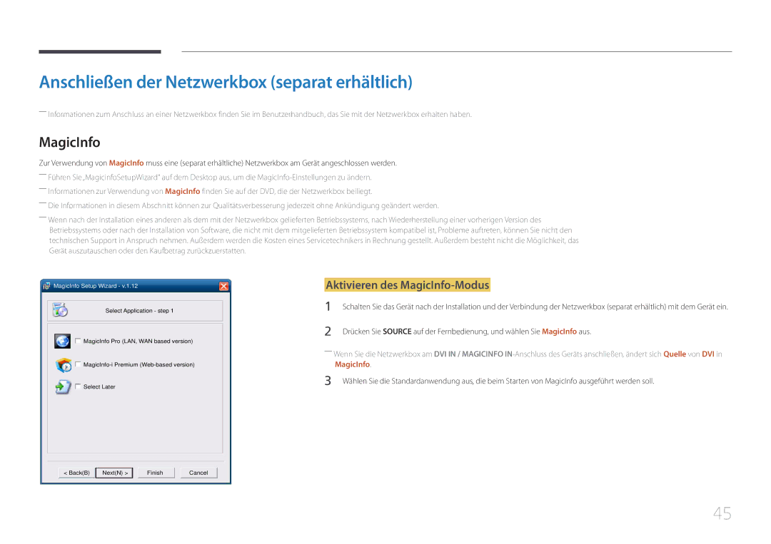 Samsung LH105QMDNC/EN manual Anschließen der Netzwerkbox separat erhältlich, Aktivieren des MagicInfo-Modus 