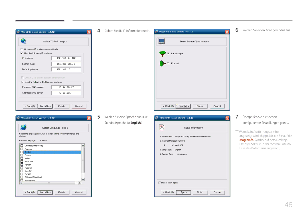 Samsung LH105QMDNC/EN manual Geben Sie die IP-Informationen ein, Wählen Sie einen Anzeigemodus aus 