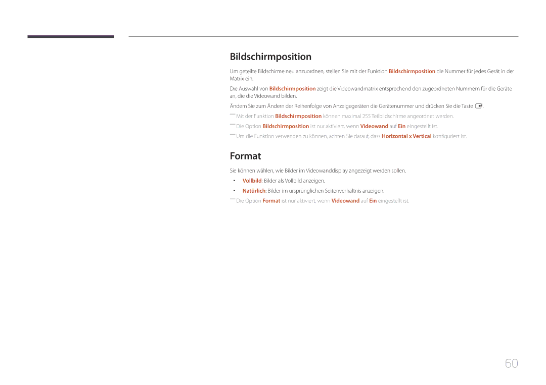 Samsung LH105QMDNC/EN manual Bildschirmposition, Format 