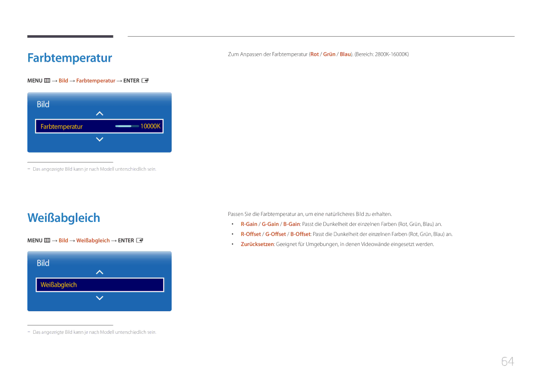 Samsung LH105QMDNC/EN manual Menu m → Bild → Farbtemperatur → Enter E, Menu m → Bild → Weißabgleich → Enter E 