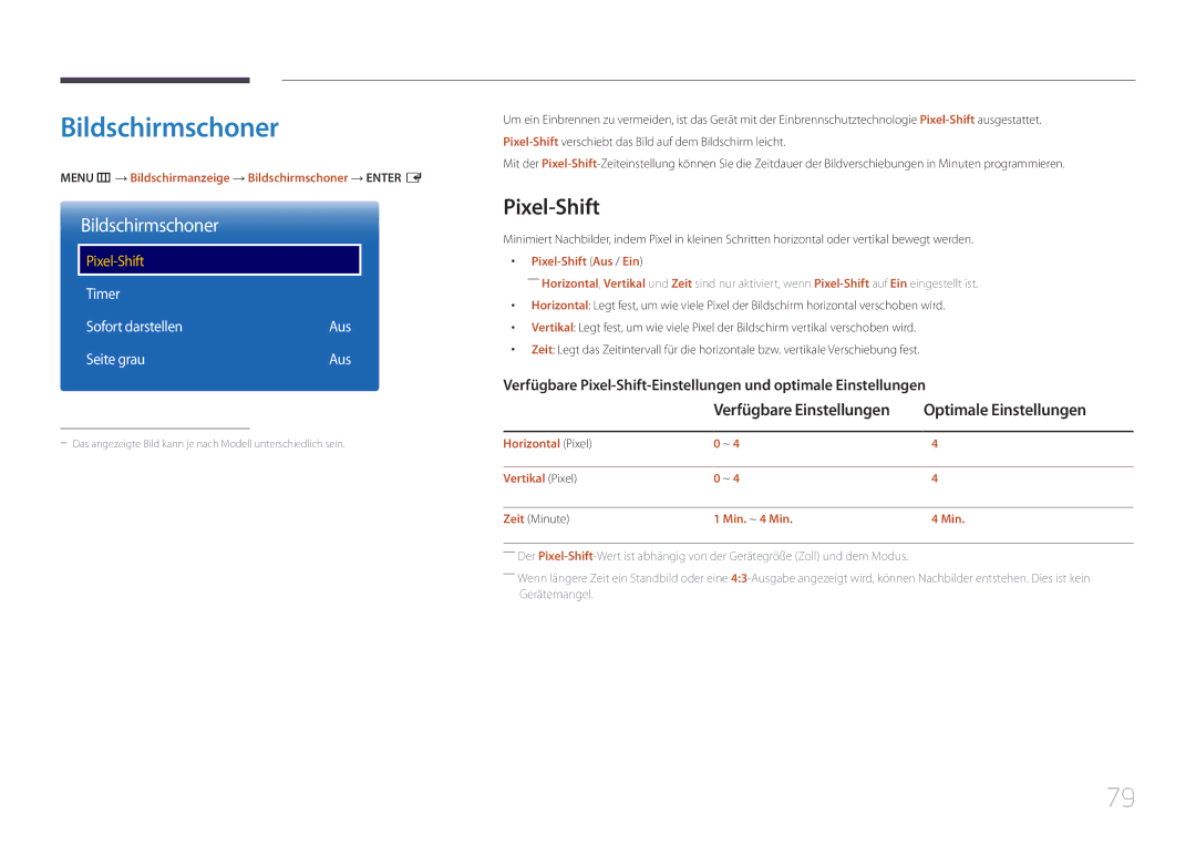 Samsung LH105QMDNC/EN manual Bildschirmschoner, Pixel-Shift, Optimale Einstellungen 