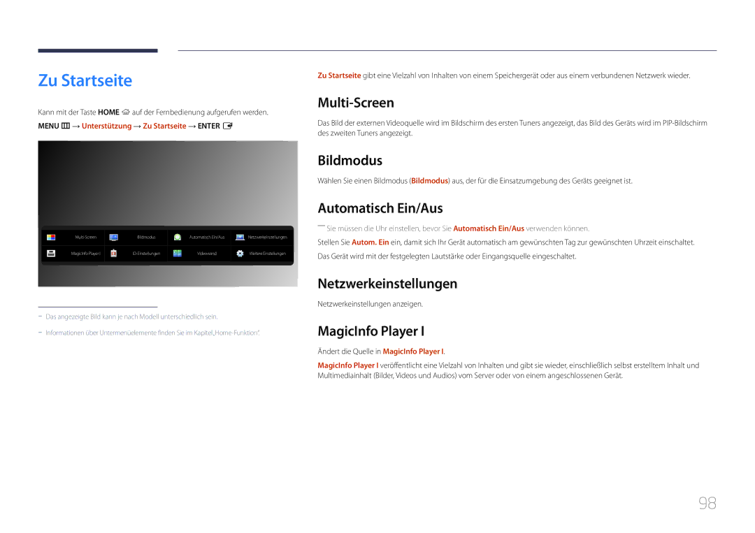 Samsung LH105QMDNC/EN manual Zu Startseite, Bildmodus, Automatisch Ein/Aus, Netzwerkeinstellungen, MagicInfo Player 