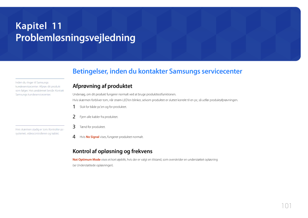 Samsung LH105QMDNC/EN manual Problemløsningsvejledning, Betingelser, inden du kontakter Samsungs servicecenter, 101 