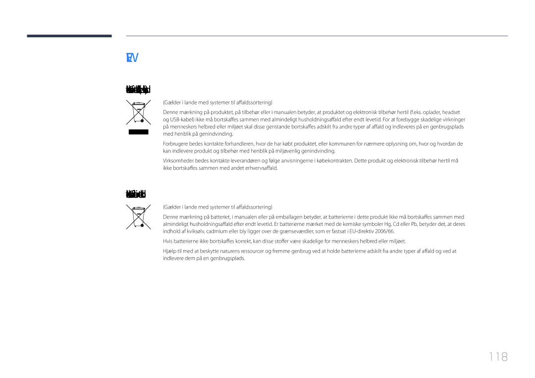 Samsung LH105QMDNC/EN manual 118, Korrekt bortskaffelse af batterierne i dette produkt 