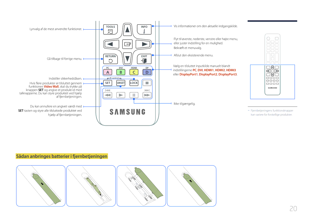 Samsung LH105QMDNC/EN manual Sådan anbringes batterier i fjernbetjeningen, Lynvalg af de mest anvendte funktioner 