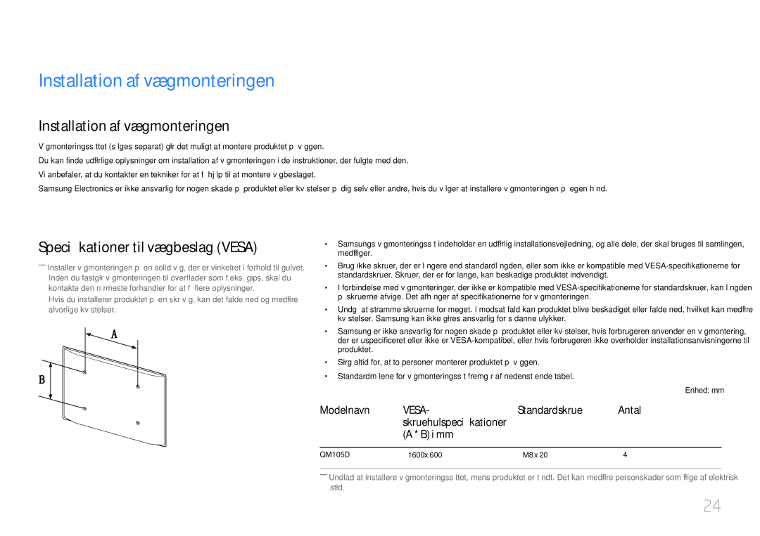 Samsung LH105QMDNC/EN manual Installation af vægmonteringen, Specifikationer til vægbeslag Vesa, Standardskrue, I mm 