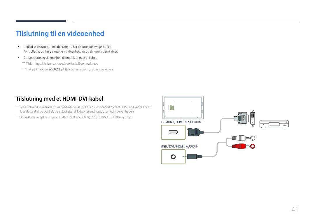 Samsung LH105QMDNC/EN manual Tilslutning til en videoenhed 