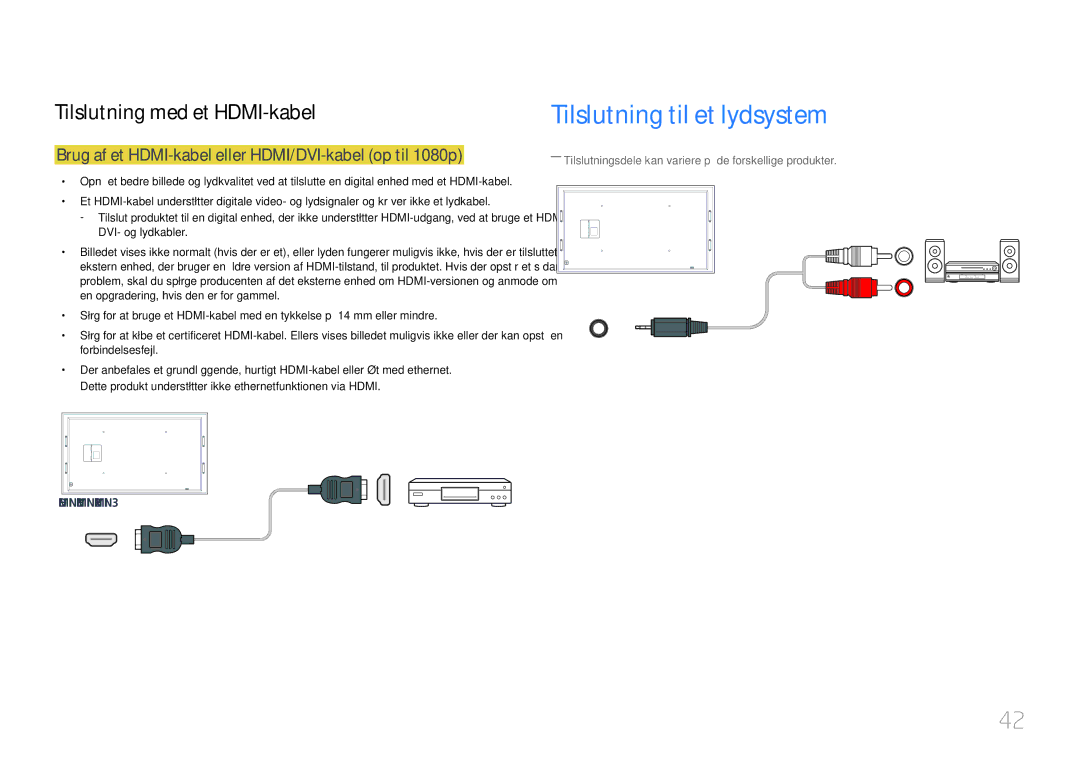 Samsung LH105QMDNC/EN manual Tilslutning til et lydsystem, Brug af et HDMI-kabel eller HDMI/DVI-kabel op til 1080p 