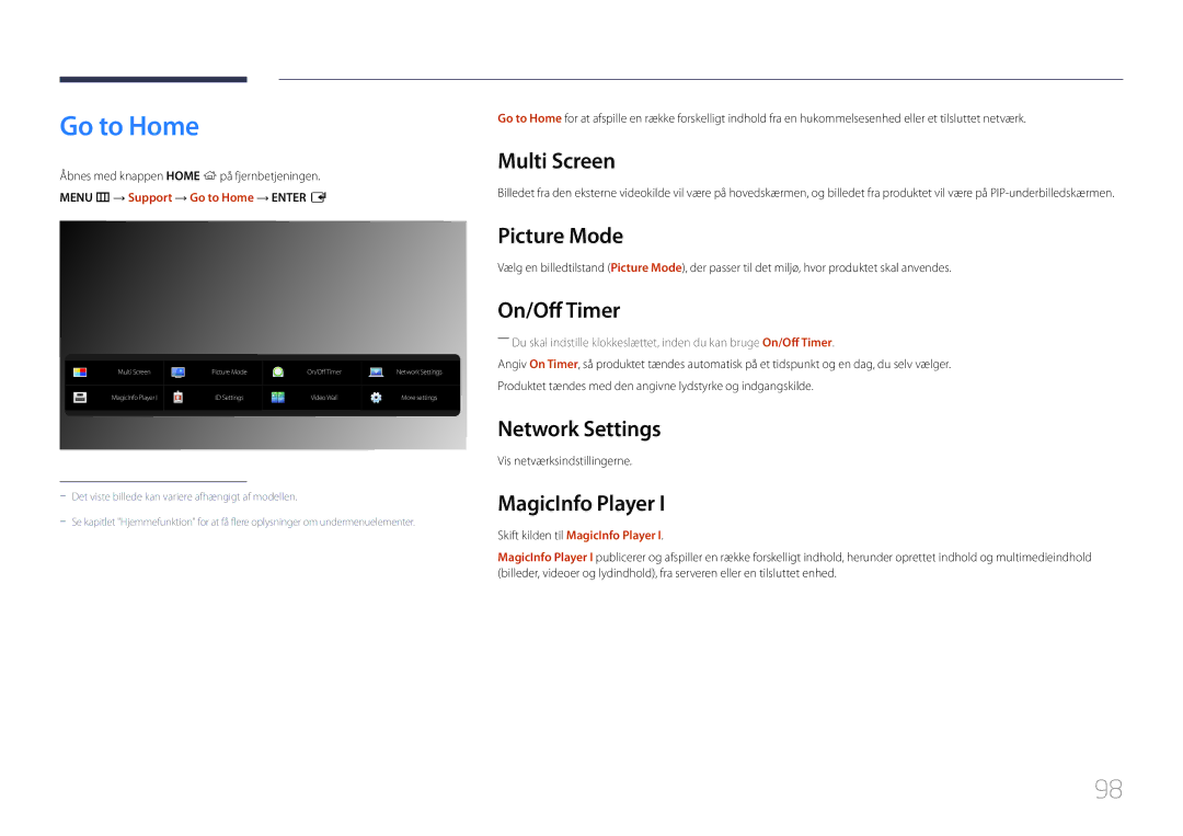 Samsung LH105QMDNC/EN manual Go to Home, Picture Mode, On/Off Timer, Network Settings, MagicInfo Player 