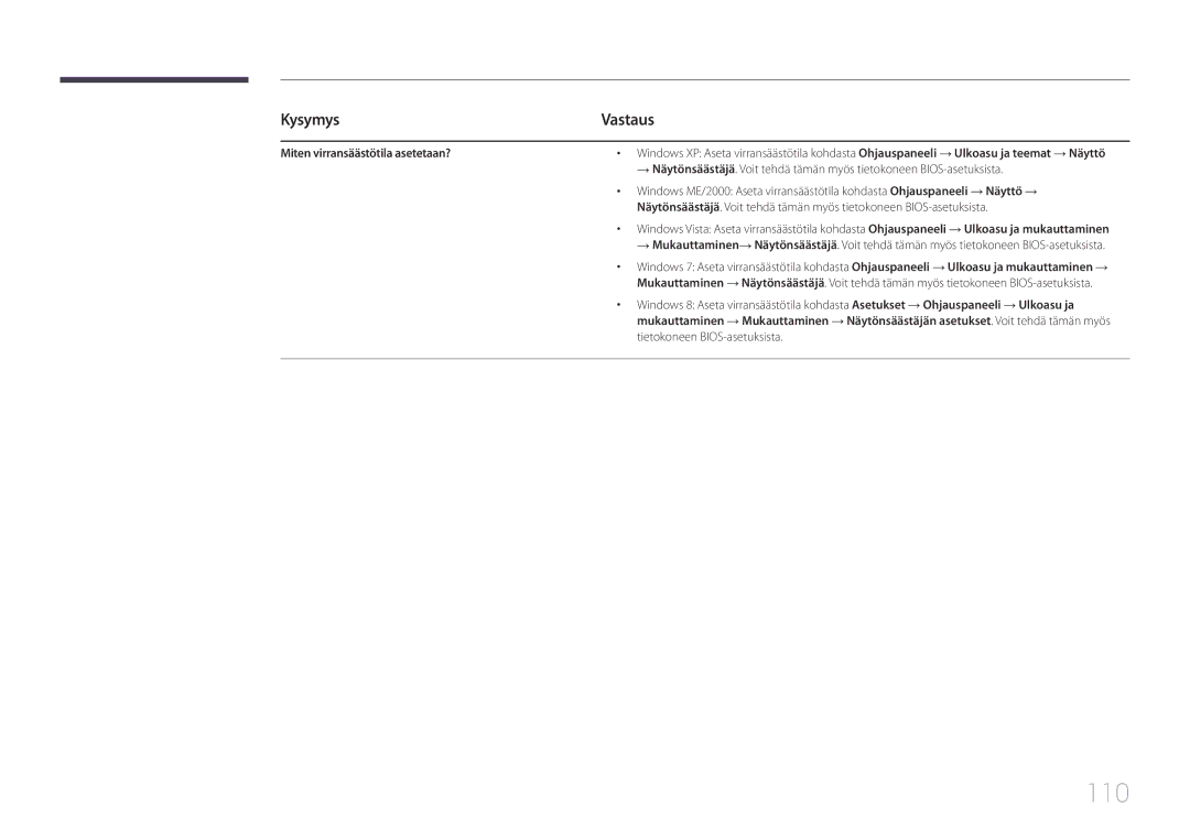 Samsung LH105QMDNC/EN manual 110, Miten virransäästötila asetetaan? 