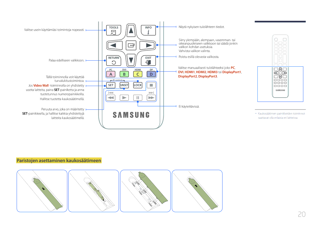 Samsung LH105QMDNC/EN manual Paristojen asettaminen kaukosäätimeen, Valitse usein käyttämiäsi toimintoja nopeasti 