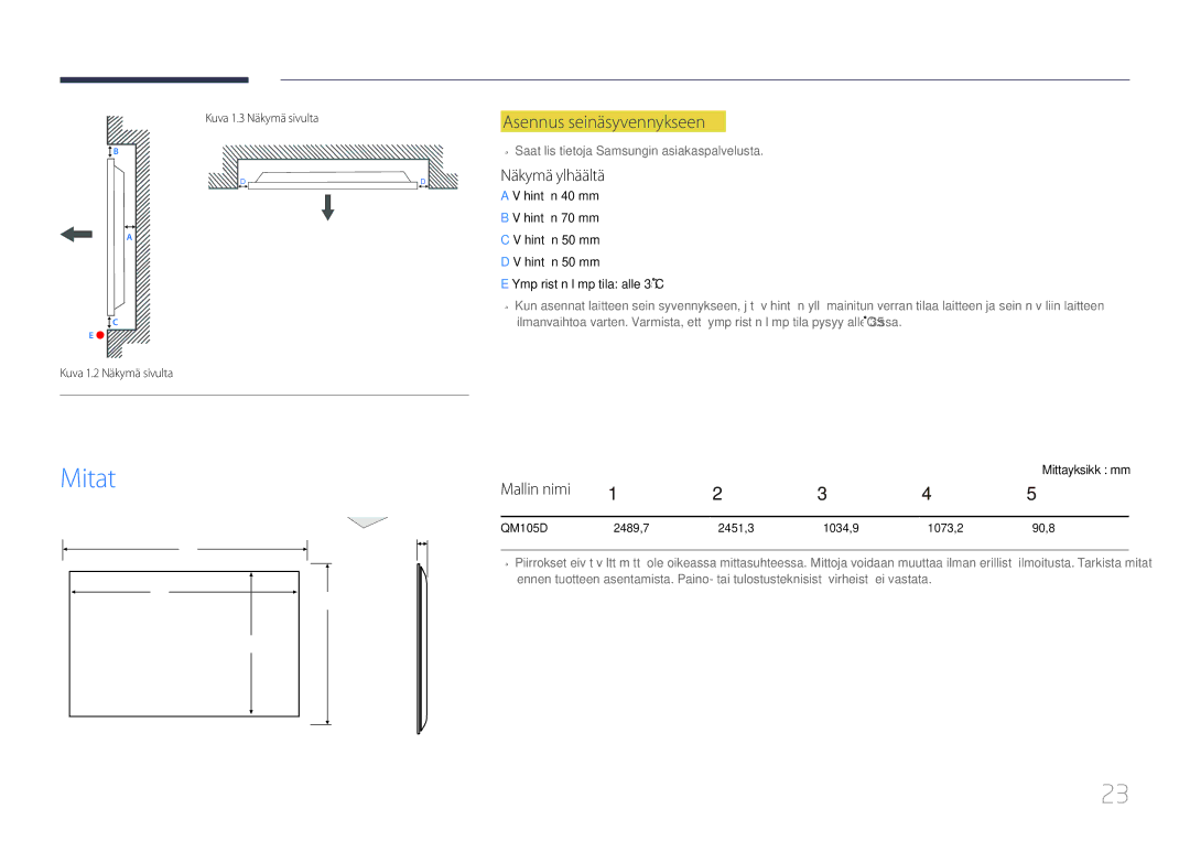 Samsung LH105QMDNC/EN manual Mitat, Asennus seinäsyvennykseen, Näkymä ylhäältä, Mallin nimi 