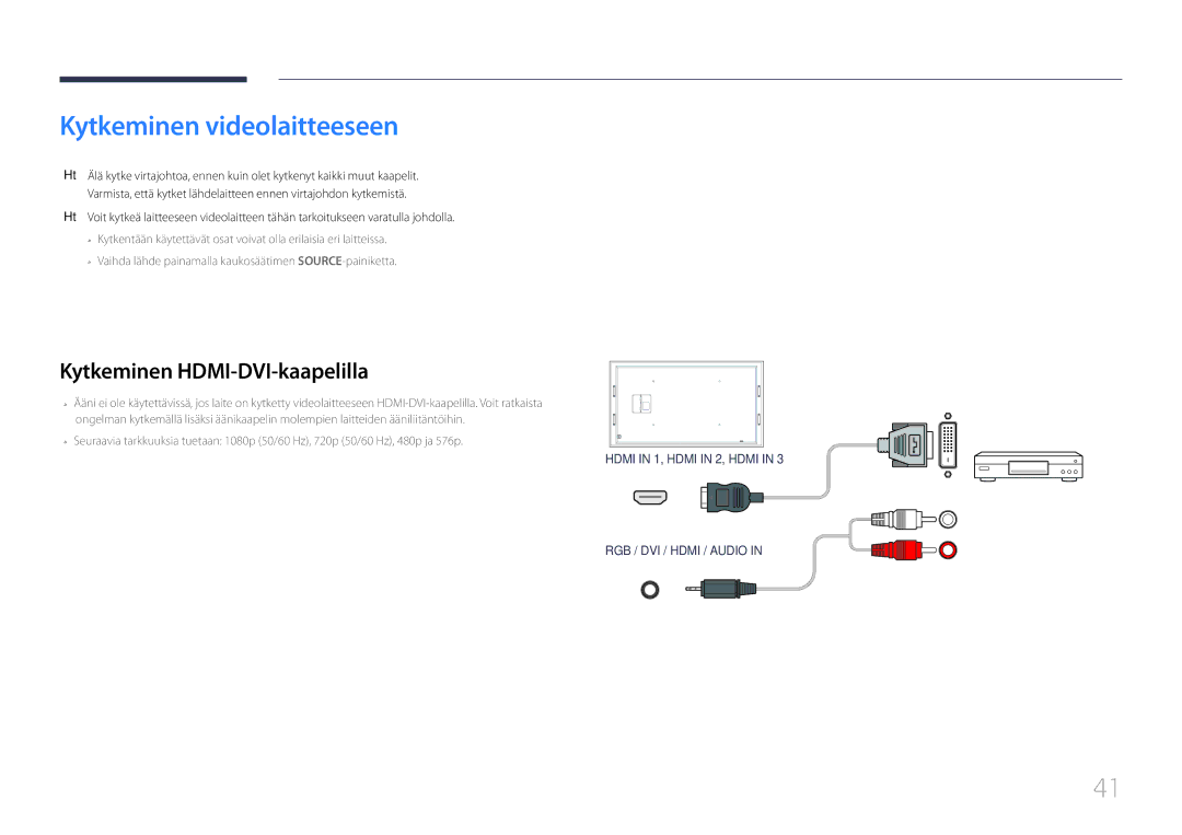 Samsung LH105QMDNC/EN manual Kytkeminen videolaitteeseen 