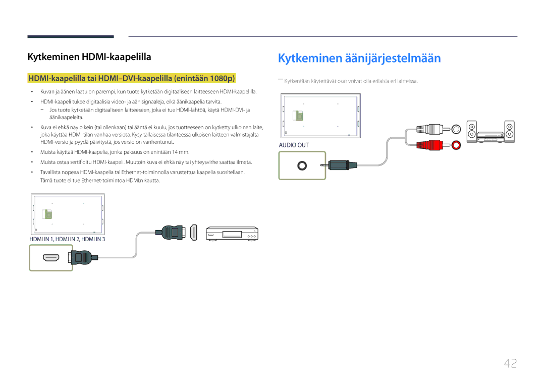 Samsung LH105QMDNC/EN manual Kytkeminen äänijärjestelmään, HDMI-kaapelilla tai HDMI-DVI-kaapelilla enintään 1080p 