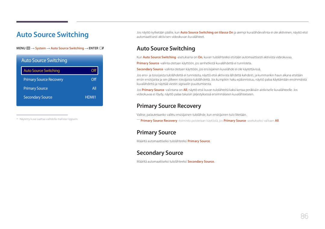 Samsung LH105QMDNC/EN manual Auto Source Switching, Primary Source Recovery, Secondary Source 