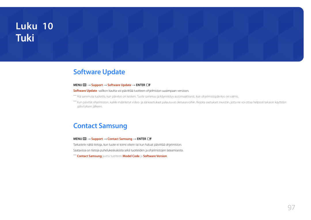 Samsung LH105QMDNC/EN manual Tuki, Contact Samsung, Menu m → Support → Software Update → Enter E 