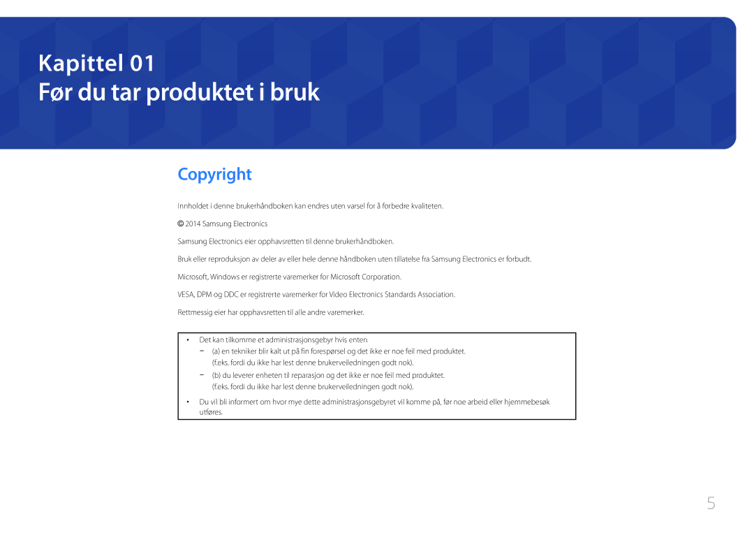 Samsung LH105QMDNC/EN manual Før du tar produktet i bruk, Copyright 