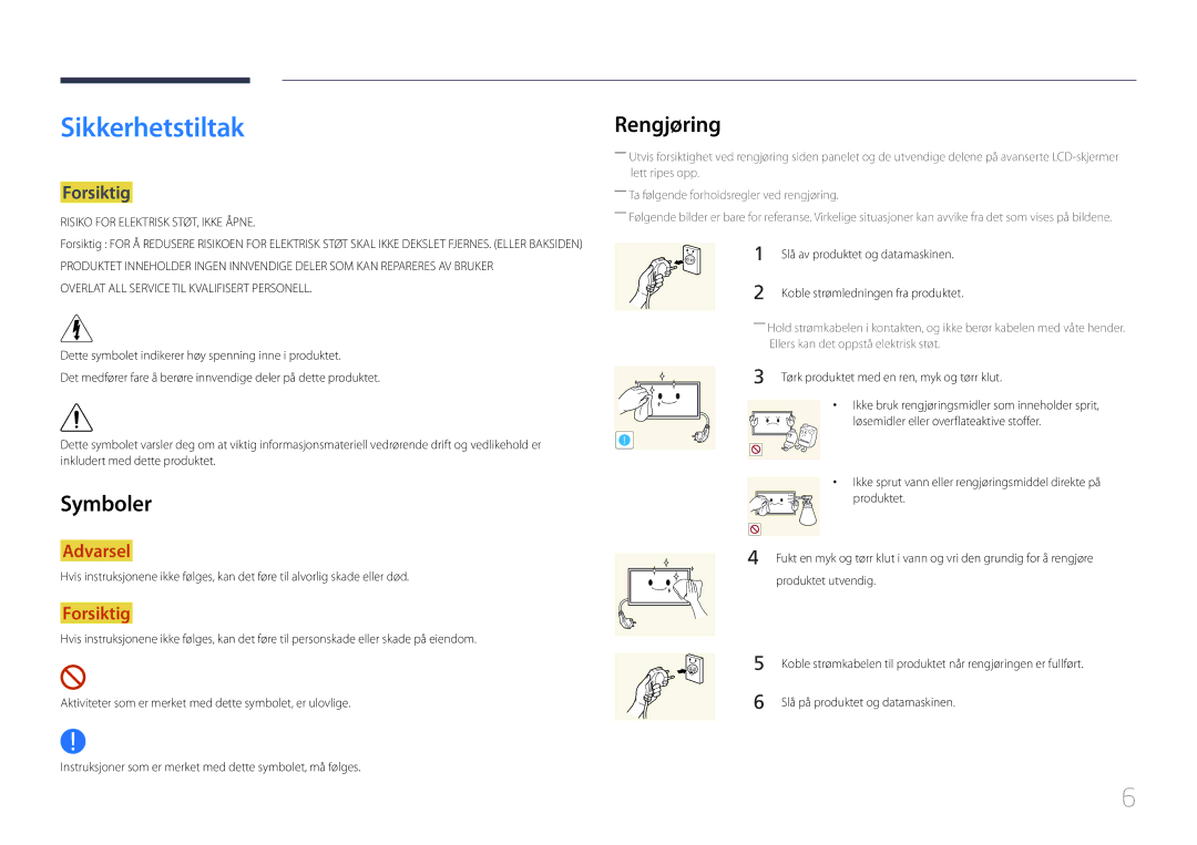 Samsung LH105QMDNC/EN manual Sikkerhetstiltak, Rengjøring, Symboler, Forsiktig 