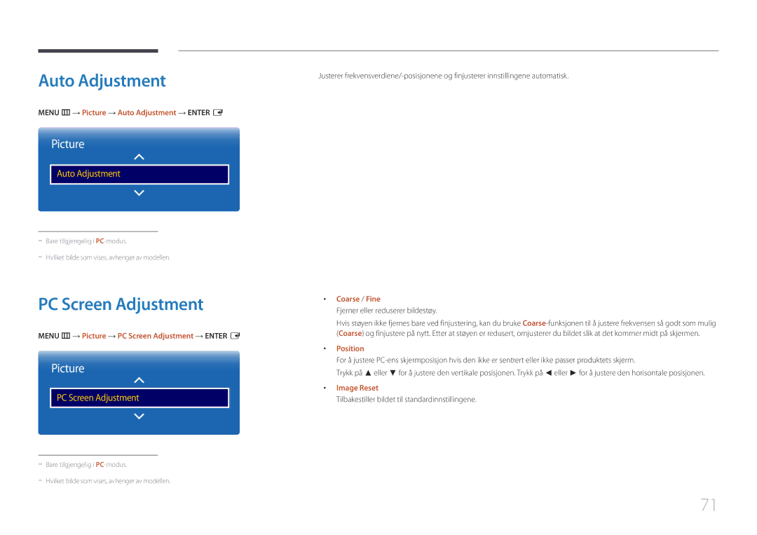 Samsung LH105QMDNC/EN manual Auto Adjustment, PC Screen Adjustment 