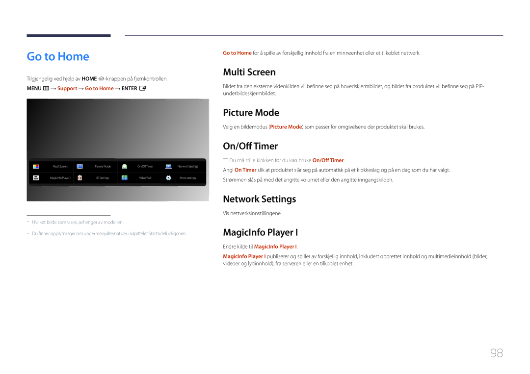 Samsung LH105QMDNC/EN manual Go to Home, Picture Mode, On/Off Timer, Network Settings, MagicInfo Player 