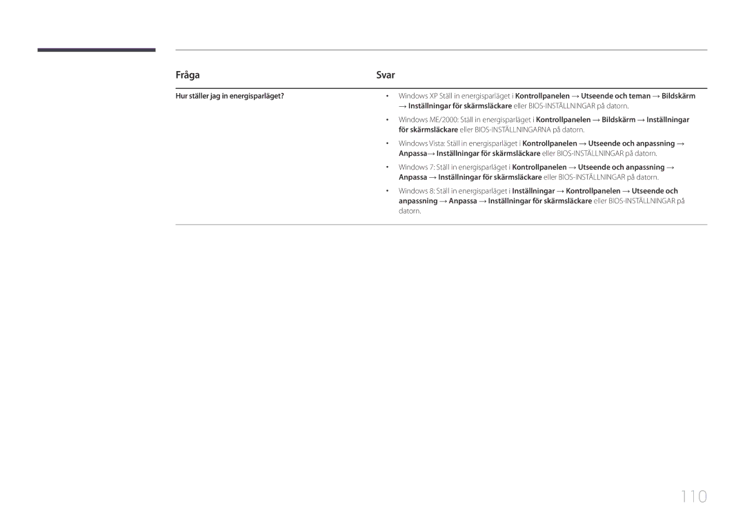 Samsung LH105QMDNC/EN manual 110, Hur ställer jag in energisparläget? 