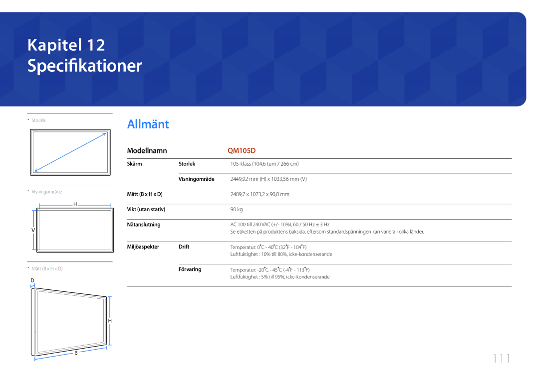 Samsung LH105QMDNC/EN manual Specifikationer, 111 