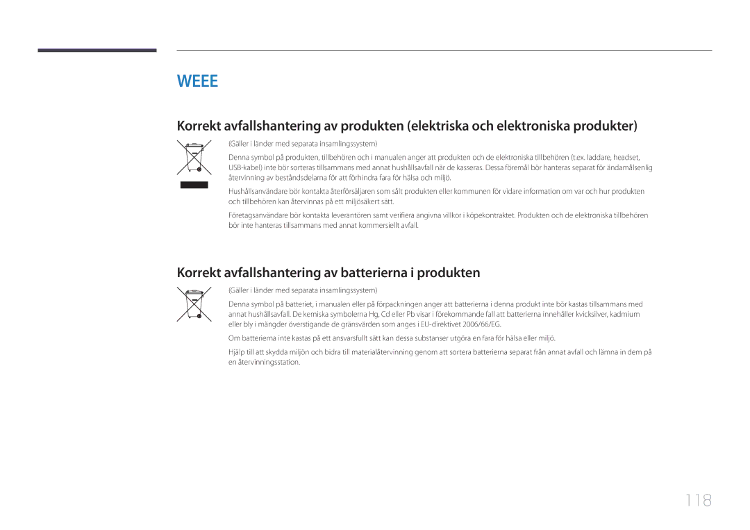 Samsung LH105QMDNC/EN manual 118, Korrekt avfallshantering av batterierna i produkten 