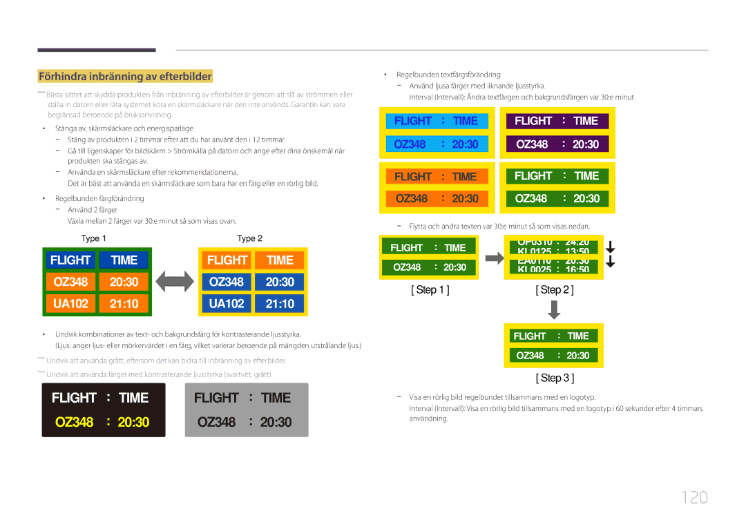 Samsung LH105QMDNC/EN manual 120, Förhindra inbränning av efterbilder 