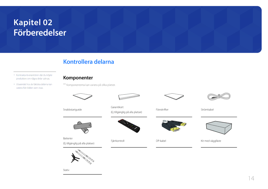 Samsung LH105QMDNC/EN manual Förberedelser, Kontrollera delarna, Komponenter 