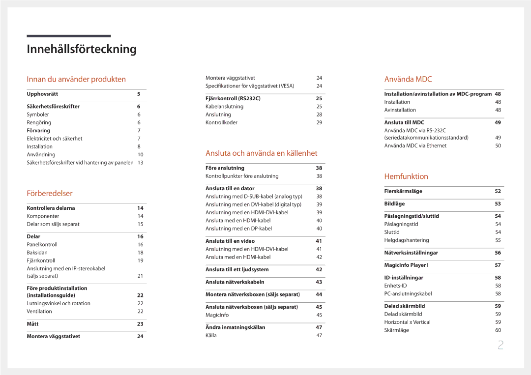 Samsung LH105QMDNC/EN manual Innehållsförteckning 