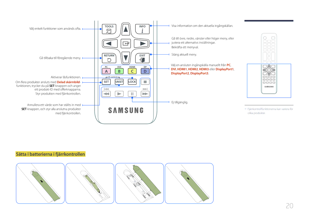 Samsung LH105QMDNC/EN manual Sätta i batterierna i fjärrkontrollen, Välj enkelt funktioner som används ofta 