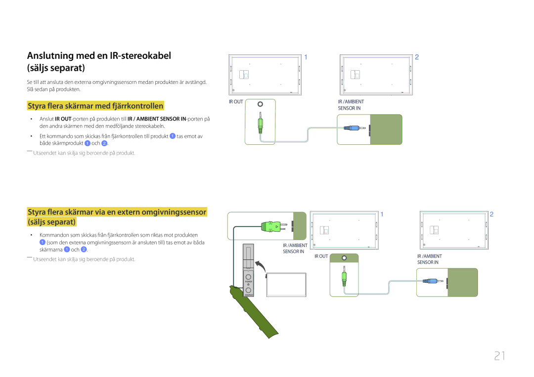 Samsung LH105QMDNC/EN manual Anslutning med en IR-stereokabel säljs separat, Styra flera skärmar med fjärrkontrollen 