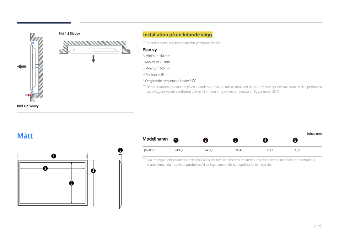 Samsung LH105QMDNC/EN manual Installation på en lutande vägg, Plan vy, Modellnamn, Bild 1.2 Sidovy Bild 1.3 Sidovy 