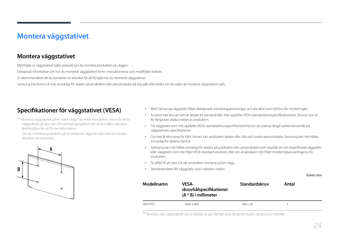 Samsung LH105QMDNC/EN manual Montera väggstativet, Specifikationer för väggstativet Vesa, Standardskruv 