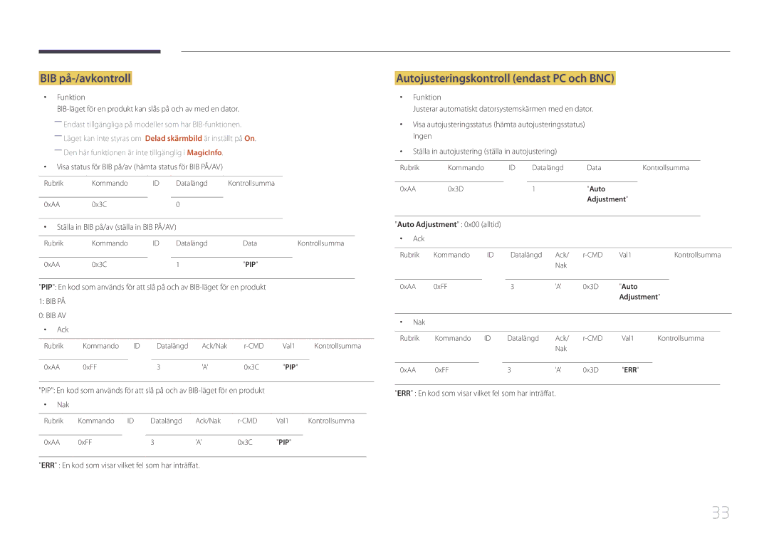 Samsung LH105QMDNC/EN manual BIB på-/avkontroll, Autojusteringskontroll endast PC och BNC 